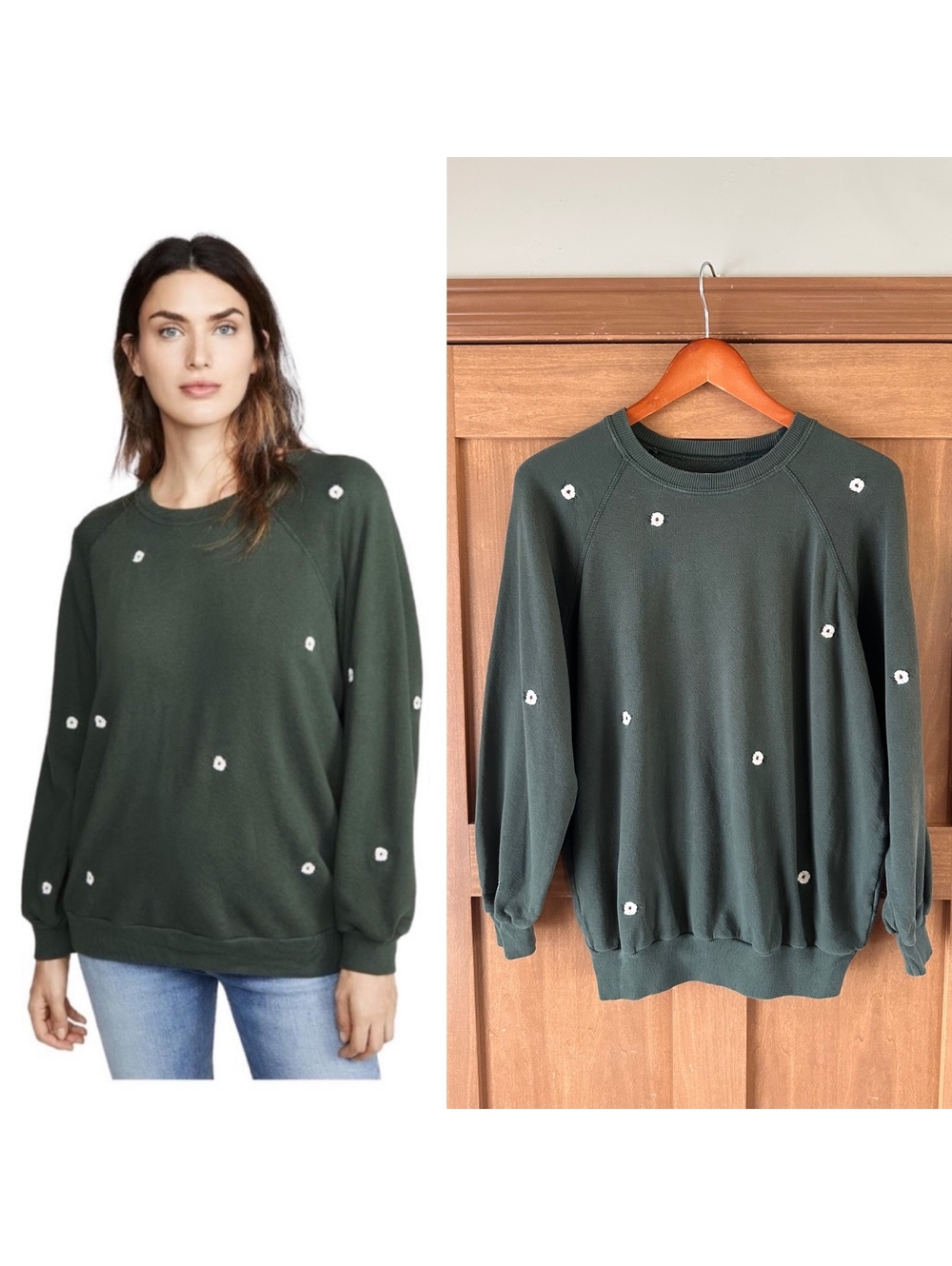 THE GREAT. The College Crewneck Sweatshirt Olive Floral Embroidered Women’s 0 XS